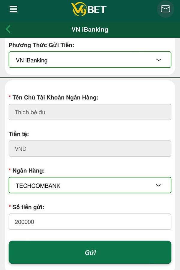 Gửi tiền vào V9bet